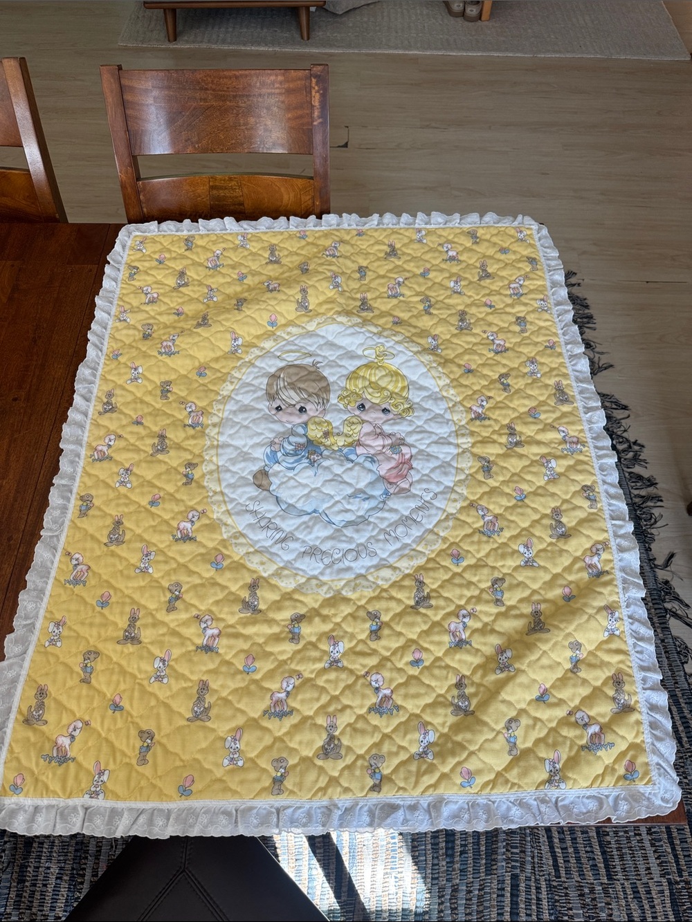 Vintage Yellow Precious Moments Baby Quilt w/ Ruffle Trim approx 45inX35&1/2in